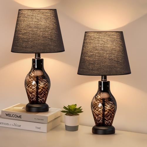 ONEWISH Small Bedside Table Lamp Set of 2, Wine Bottle Shape Glass Body, Warm Ambient Lighting, Bulb Included, 14" Height, Black by onewish
