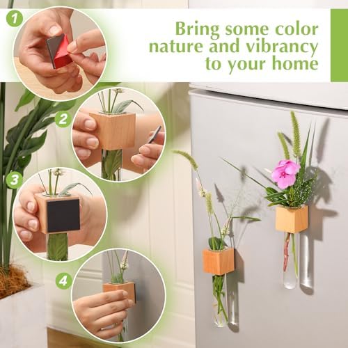 Wooden Wall Planter Glass Plant Propagation Stations Fridge Glass Tube Single Stem Bud Vase 2Pcs/Set Modern Decorative Cube Wood Window Flower Vase Refrigerator Magnetic Mini Glass Vase with Dropper - Image 3