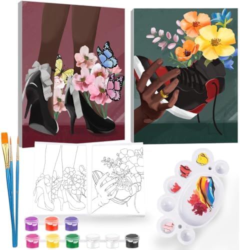2Pcs Painting by Numbers Paint and Sip Kit for Adults,Pre Drawn Canvas to Paint for Flower Butterfly Date Night for Couples DIY Acrylic Painting Kits 8×10 by iPaint