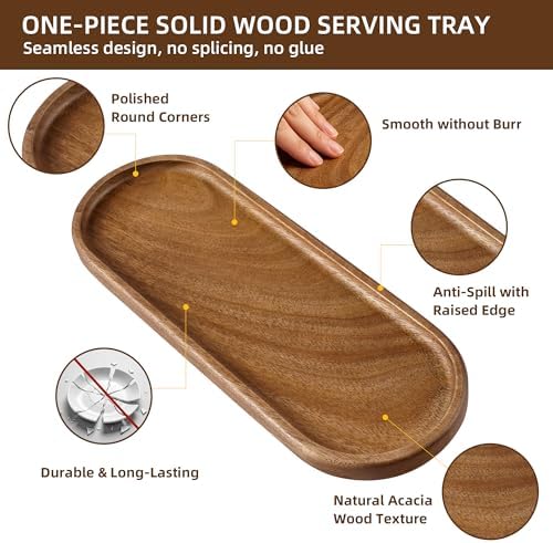 TJ POP Acacia Wooden Tray - 11.4” x 4.1” Oval Decorative Tray for Counter, Solid Wood Serving Tray for Coffee Table, Snacks & Drinks, Rustic Serving Platter for Party, Holiday & Everyday Use - Image 3