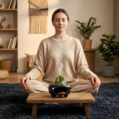 Ceramic Palo Santo Holder Incense Burner,Handcrafted Chiminea Incense Cone Holder Burner Wood Sticks,Ash Catcher,Aromatic Home Decor for Spiritual Rituals,Yoga,Meditation (Green, 4*4*4INCH) - Image 3