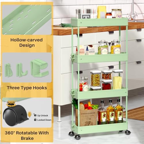 SPACEKEEPER Slim Rolling Storage Cart, 4 Tier Bathroom Cart Organizer,Green - Image 2