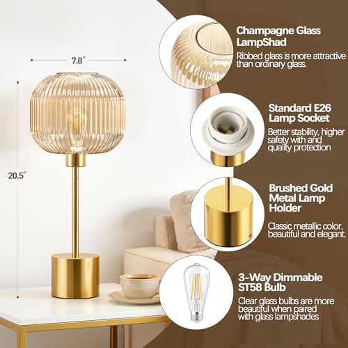 QiMH Glass Table Lamp for Living Room, Modern Bedside Lamp with Champagne Ribbed Glass Shade, 3-Way Dimmable Touch Control Nightstand Lamp for Bedroom, Brushed Gold (2700K LED Bulb Included) - Image 4