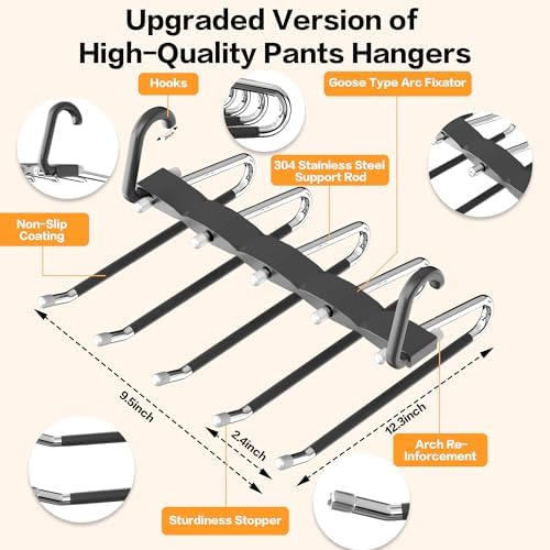Pants Hangers Space Saving - 4 PCS Closet Organizer and Storage Jean Hangers, Stainless Steel Anti-Slip Clothes Hanger Scarf Holder Pants for Jeans Leggings Trousers Rack for Back to School, Black - Image 5