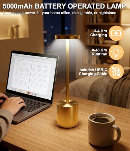 Swinerton Gold Cordless Table Lamp Set, 5000mAh Rechargeable Battery Operated Desk Lamp Wireless Table Light, 3 Color Dimmable Touch Lamp for Restaurant Dining Patio, Home/Apartment Decor - Image 3
