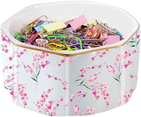 Ceramic Paper Clip Holder Gold Line Paper Clip Dispenser Organizer for Desk Cute Floral Pattern Office Binder Clip Holder Bobby Pin and Hair Clip Holder Gift for Office Pink Flowers by LEAZUL