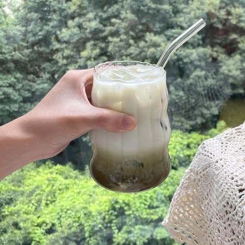 4 Pcs Ribbed Glass Cups, Vintage Drinking Glassware with Glass Straw 18 Oz Bubble Iced Coffee Cup for Juice, Tea, Beverage, Milk, Beer, Cocktails Ideal for Gift - Image 2
