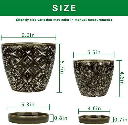 Docrin Dark Green Ceramic Planter Set - 6.6"+5.5" Indoor Outdoor Pots with Drainage Holes & Saucers for Home Office Decor - Image 2