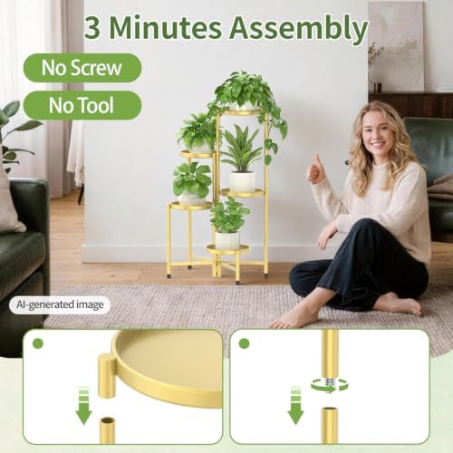 LASZOLA Plant Stand Indoor with 10 Inch Large Metal Tray, 5 Tier Gold - Image 4