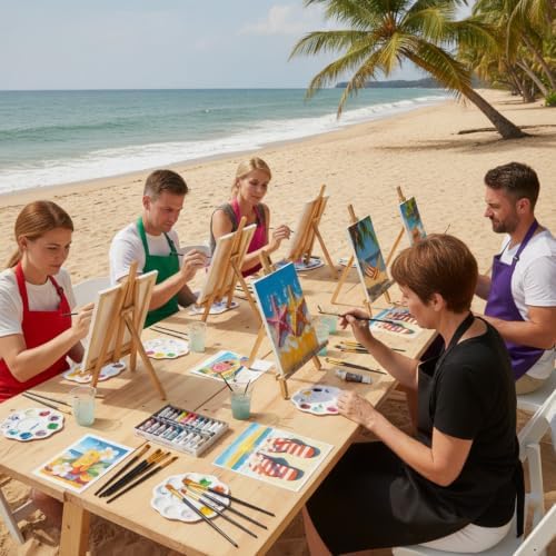 Cholemy 6 Set Paint and Sip Kit for Adults 8"x 10" Pre Drawn Canvas Painting with Wooden Easel Acrylic Paint Wash Cup Brushes Palette Apron for Painting DIY Adult's Date Party Supplies(Hawaii) - Image 7