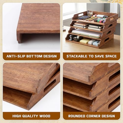 AceOrbit 4 Pcs Stackable Paper Tray Acacia Wood Desk Organizer Letter Tray - Image 3