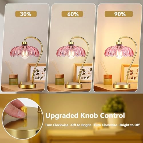 ILLMTW Pink Table Lamp Set of 2,Small Gold Bedside Lamps Dimmable Flower Bedroom Lamp with Glass Lamp Shade,Boho Vintage Mid Century Modern Mini Nightstand Lamp for Bedroom Living Room - Image 2