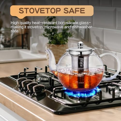 Glass Teapot, Zpose 40oz/1200ml Tea Pot with Removable Stainless Steel Infuser, Clear Glass Tea Kettle with Scale Line, Stovetop Safe Teapot for Blooming Tea & Loose Leaf Tea, Gift Box for Tea Maker - Image 4