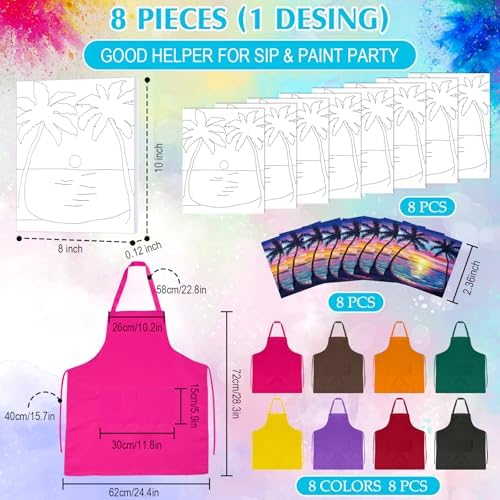 Cholemy 8 Set Paint and Sip Kit for Adults 8'' x 10'' Pre Drawn Canvas with Wooden Easels Acrylic Paint Brushes Wash Cup Palette Apron for Painting DIY Date Night Party Supplies(Sunset) - Image 3