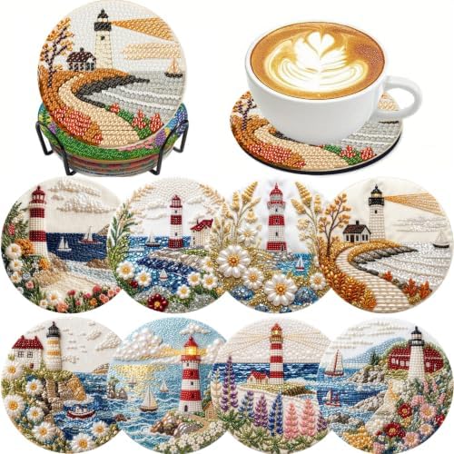Clendo 8 Pcs Beach and Lighthouse Diamond Art Coasters Kits with Holder, Coast Diamond Painting Coasters Kits for Adults, DIY 5D Small Mini Diamonds Dots Kit Full Drill Art Craft Supplies 4X4 Inch by Clendo