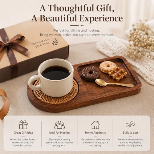 Wooden Coffee Cup Tray with Coaster Holder, Solid Cassia Wood Tea Tray with Snack Section, Cup and Snack Serving Tray for Desk, Bedside, Coffee Table - Image 2