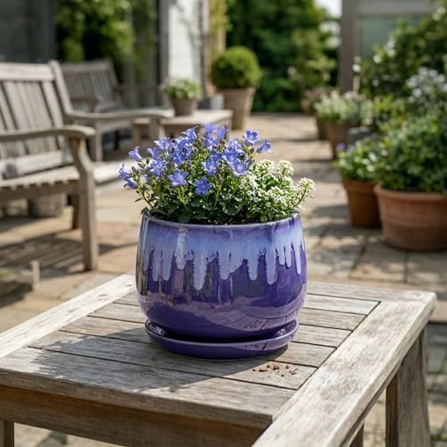 Ceramic Flower Pots, 7 Inch Indoor Planter with Drainage, Blue - Image 4
