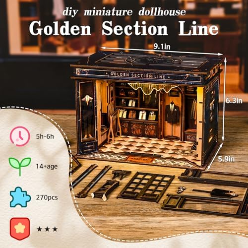 DIY Miniature Dollhouse Kit with LED Light, 3D Wooden Puzzle Book Nook Kit for Adults and Teens, Creative Tailor Shop Model Kit to Build, Home Decor Hobby Gift (Golden Section Line) - Image 2