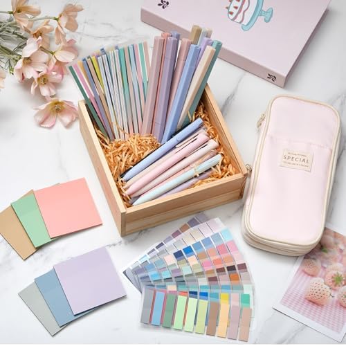 135 Pcs Book Annotation Kit with Pencil Case, 12 Pastel Highlighters, 11 Gel Pens, Fine Marker, 300 Transparent Sticky Notes, 2640 Index Tabs, Bible Study Supplies Kit(Classic,Pink) - Image 3