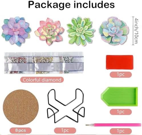 Clendo 8 Pcs Succulent Diamond Art Coasters Kit - DIY 5D Small Diamond Painting Coasters with Holder, Mini Diamonds Arts Kits for Adults Coaster, Gem Art Arts and Crafts for Adults - Image 3