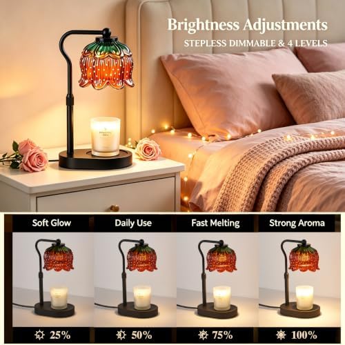 Briever Flower Candle Warmer Lamp, Adjustable Height Electric Candle Lamp with Timer & Dimmer, Wooden Base Wax Warmer, Christmas Birthday Housewarming Gifts for Women Mom, Black-Strawberry - Image 3