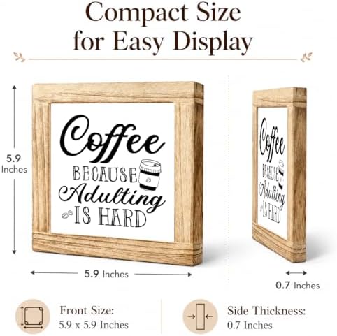 Funny Coffee Sign, Coffee Because Adulting Is Hard Wooden Plaque, Rustic Kitchen Counter Decor, Farmhouse Coffee Station Shelf Accent For Office Desk Cafe Corner, 5.9 x 5.9 in - Image 2