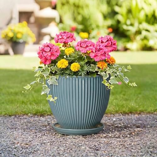 10 Inch Plant Pot, Ceramic Flower Pots with Drainage Hole and Saucer, Round Modern Planters for Indoor Plants, Decorative Plant Pots, Home Patio Decor, Plant Lover Gifts, Glaze Blue - Image 5