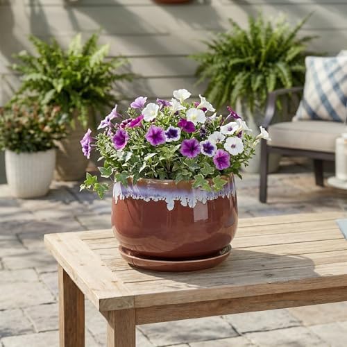 9 Inch Ceramic Planter, Indoor Planters with Drainage, Red-Purple - Image 3