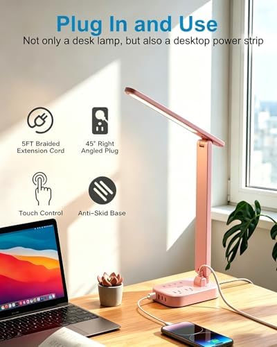 LED Desk Lamp, Power Strip with 4 USB 3 Outlets, Dorm Room Essentials, Pink - Image 4
