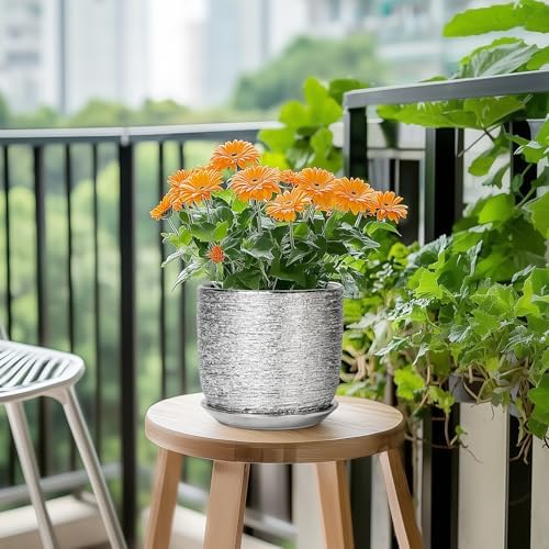 Ceramic Flower Pot - 7 Inch Ceramic Plant Pot for Indoor Flowers, Modern Outdoor Round Planter with Drainage Hole and Saucer, Gifts for Plant Lovers, Home Garden Decor, Silver - Image 5