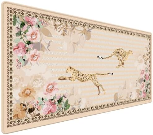 Cheetah Desk Mat, Tan Floral Vintage Rug XXL Mouse Pad 35.4x15.7in by HUADO