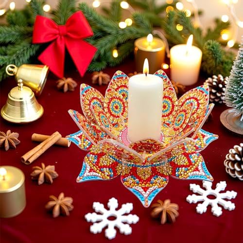 jinglinhh DIY Mandala Lotus Diamond Art Painting Aromatherapy Candle Holder Kit for Adults, Acrylic Diamond Art Tabletop Candlestick Holder Tray Ornaments Craft Project for Beginners(Orange Lotus) - Image 4