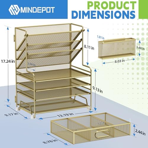 MINDEPOT 4-Tier Paper Organizer + 3-Pocket File Holder + Drawer + Pen Holders, Desktop File Organizers Paper Tray for Office Supplies School Classroom Organization (Gold, with Drawer & Pen Holder) - Image 2