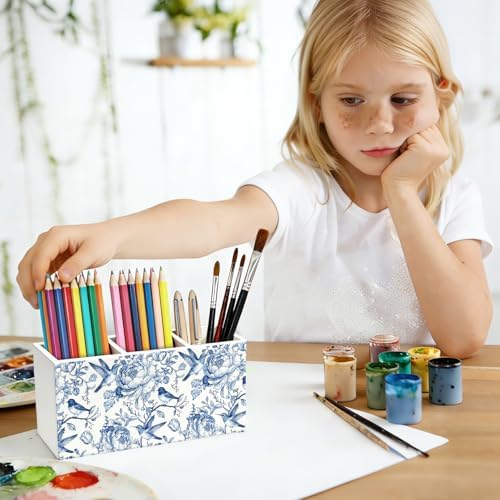 Blue Chinoiserie Bird Floral Pen Pencil Holder for Desk Decor - Image 5