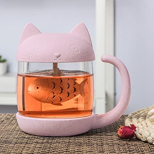 BigNoseDeer Cat Tea Cup Cute Mug Glass Pot with Fish Infuser for Loose Leaf Tea (Pink 8oz) - Image 2