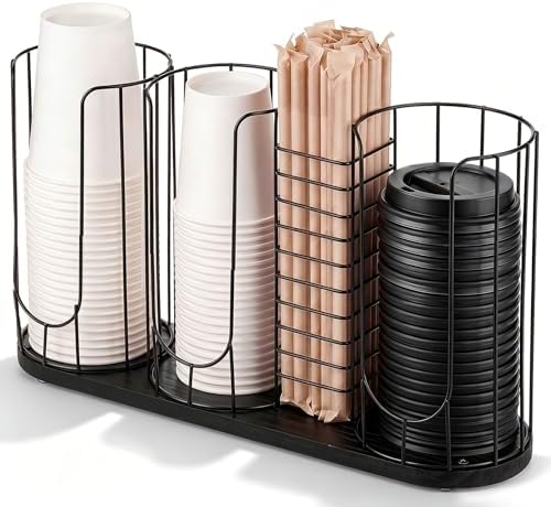 Geelin 18oz Adjustable Coffee Cup Dispenser with Wooden Base, Cup and Lid Holder, Cups Holder Organizer for Coffee Pod Straw and Lid Storage(4-compartment Single,Color 7) by Geelin