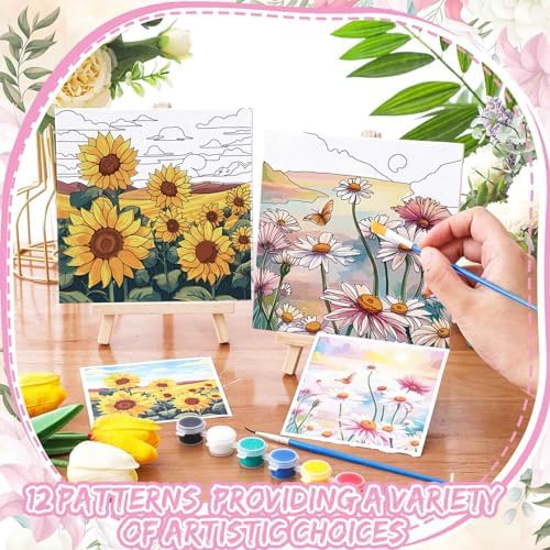 Tenceur 12 Sets Pre Drawn Canvas to Paint Adult Stretched Coloring Painting Canvas Panels with Design Easel and Brushes for Party Supplies Beginner Favor(Flower) - Image 4