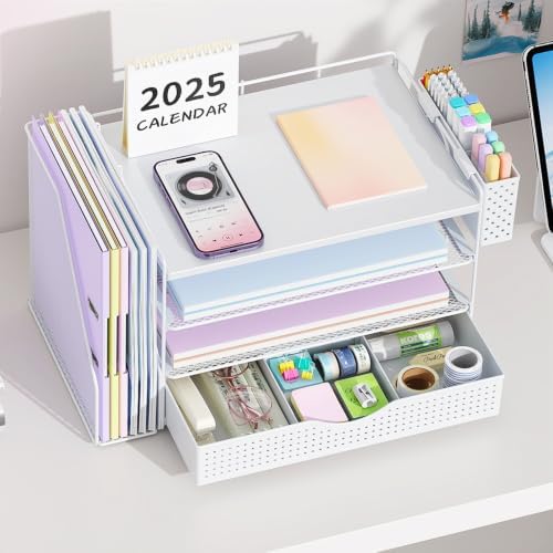 gianotter Wood Desk Organizers and Accessories with File Holder, 4-Tier Desk Accessories & Workspace Organizers with Drawer and Pen Holder, Desk Reference Organizer (White, 4T with Drawer) - Image 6