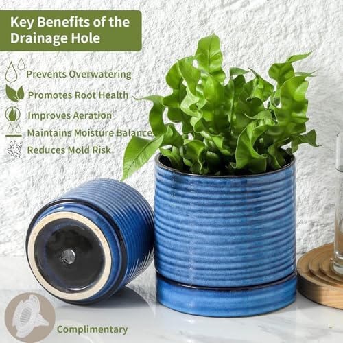 HASENSE Ceramic Indoor Plant Pots, 4.6 Inch Small Flower Planters with Drainage Hole and Saucer, Vintage Reactive Glaze Blue Pots for Succulents, Cactus, Herbs, Home Decor, Set of 4 - Image 6