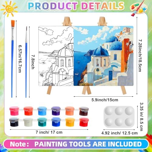 Supervitae 72 Piece Boho City Round Pre Drawn Canvas Kit 5.9" Paint and Sip Kit for Adults Painting Party Pre Printed Canvas DIY with Pictures Paints Easels Brushes for Party Gifts - Image 2