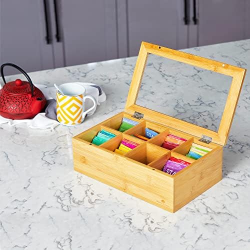 Big Natural Bamboo Tea Storage Organizer, Clear Acrylic Top, 8 Compartments - Image 5