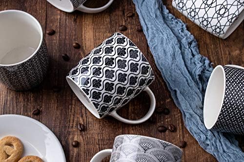 Set of 6 11.5 oz Coffee Mugs with Black and White Geometric Patterns, Ceramic Tea Cup Set - Image 4