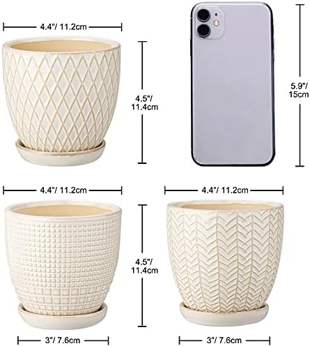 Oairse 4 inches Ceramic Planter Pots 3 Set of Small Round Flower Pots with Drainage Hole and Ceramic Tray for Succulents Cactus Indoor Outdoor Garden Home Windowsill - Image 3