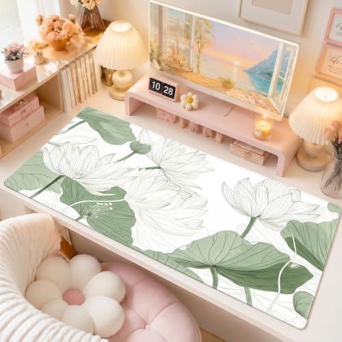Sage Green Desk Mat, Botanical Lotus XXL Mouse Pad 35.4x15.7in - Image 2