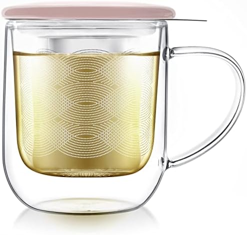 Teabloom Tea-For-One Steeping Mug – Insulated Double Wall Glass Mug (12 oz), Stainless Steel Infuser, Porcelain Lid/Coaster – Great For Brewing Loose Leaf Tea by Teabloom