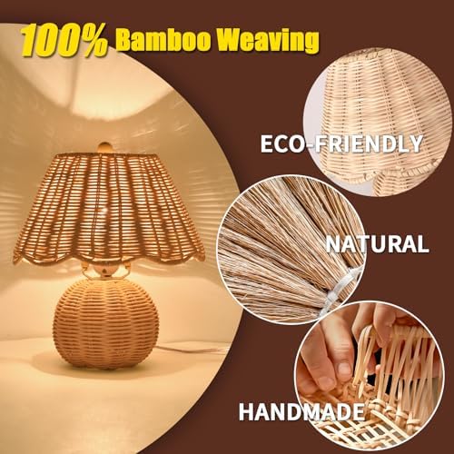 Rattan Small Bedside Mini Table Lamp for Bedroom,Boho Bedroom Lamps for Nightstand, Wicker Mini Table Lamps for Small Spaces with Scalloped Shade for Kitchen Counter, Bookshelf, Kids Dorm, Office - Image 4