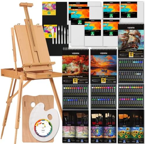 VISWIN 183 PCS Art Supplies Set: All-in-One Painting Kit with Beech Wood French Easel, 96 Paints & Canvases for Adults & Beginners by VISWIN