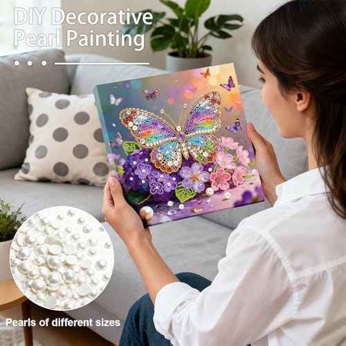 ARTopet DIY Pearl Painting Kit with Frame Gemstone Pearl Diamond Dots Beads Canvas Art Craft for Adult Beginners Display for Tabletop and Wall Mounting Home Decor-Butterfly - Image 2