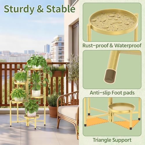 LASZOLA Plant Stand Indoor with 10 Inch Large Metal Tray, 5 Tier Gold - Image 6