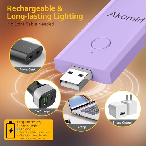 Akomid USB Rechargeable Book Light for Reading in Bed, 8 LEDs Bookmark Style Clip on, Eye-Cared Amber Light Mode for Kids, Blue Light Blocking, Stepless Dimming, Purple - Image 6